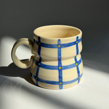 blue grid + star mug *TWO NOTES*