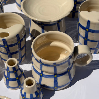 blue grid + star mug *TWO NOTES*