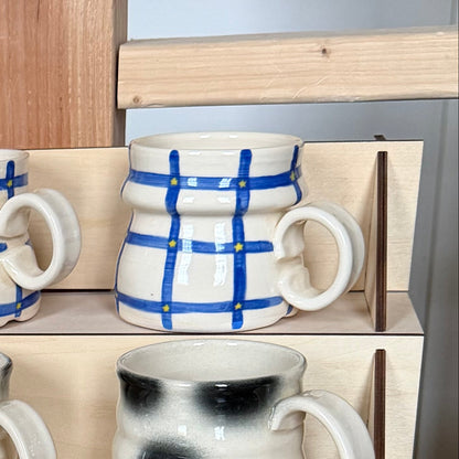 blue grid + star mug *TWO NOTES*